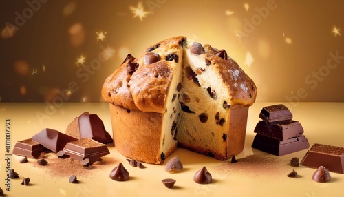Christmas Panettone with chocolate pieces on a bright background