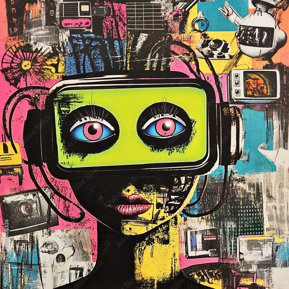 Fototapeta premium AI-Enhanced Human: A Fusion of Mind and Machine collage-style image with a split human face, showing a mix of circuits, wires, and vibrant mechanical elements