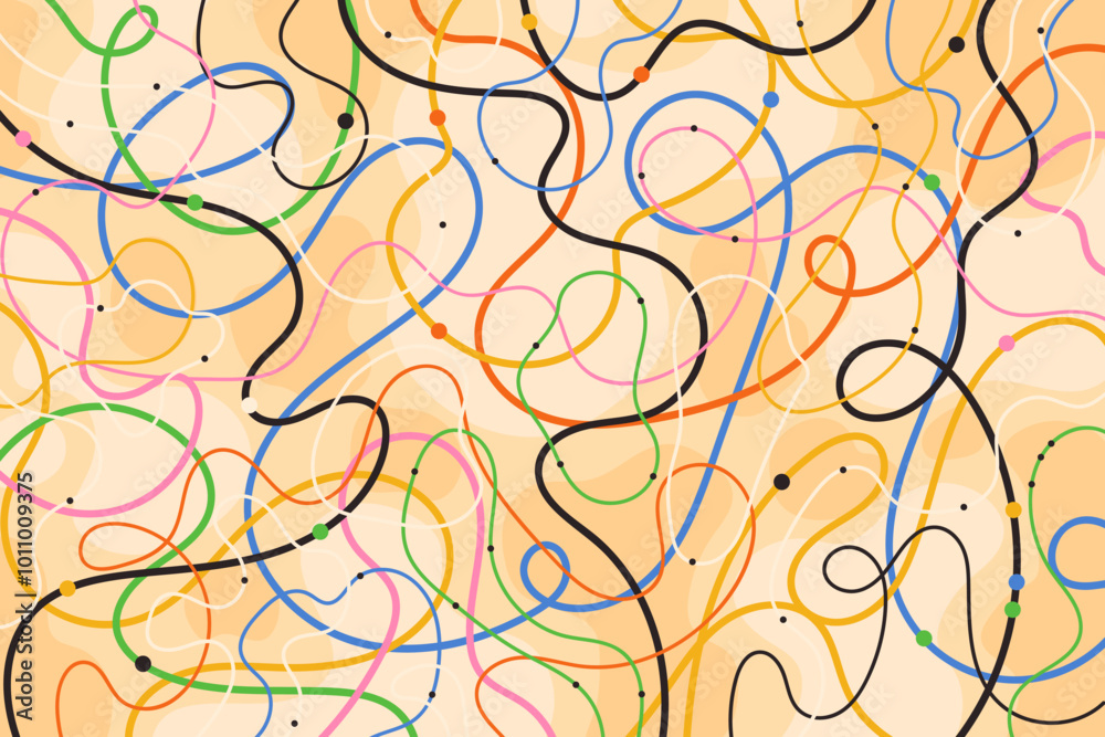 Colorful abstract curvy lines on a yellow tone background. Noodle lines. Geometric design. Colorful abstract curvy lines on a yellow tone background. Noodle lines. Geometric design.