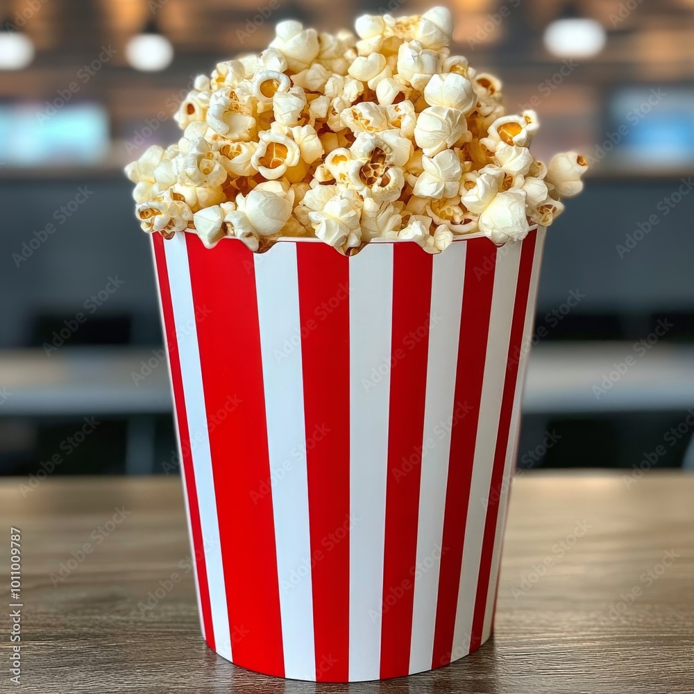 A large red and white striped bucket brimming with popcorn, perfect for a movie night, offering a classic mix of flavor and fun. A large red and white striped bucket brimming with popcorn, perfect for a movie night, offering a classic mix of flavor and fun.