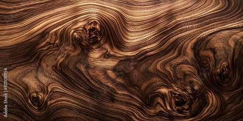 Closeup of a rich brown wood grain pattern with swirling knots and dark brown lines.