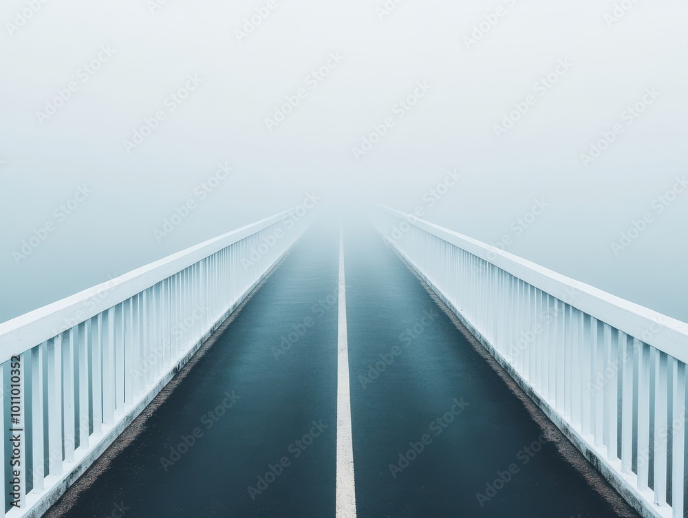 A serene bridge disappearing into a thick fog, evoking a sense of mystery and calm in nature's embrace. A serene bridge disappearing into a thick fog, evoking a sense of mystery and calm in nature's embrace.