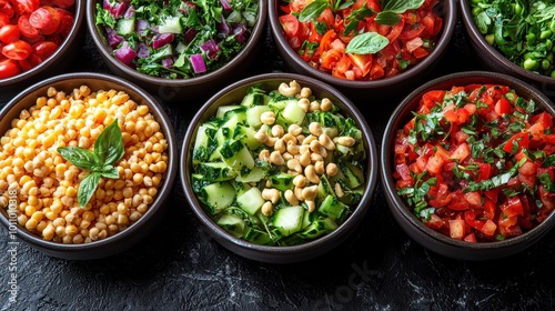 Colorful bowls of fresh vegetables and herbs prepared for a healthy meal at a vibrant kitchen setting