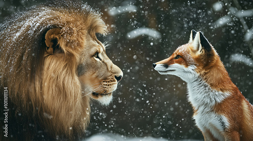 Side view of a roaring lion and cunning fox ready to fight, on a snowy background, the lion and fox are talking to each other in a snow fall  background photo