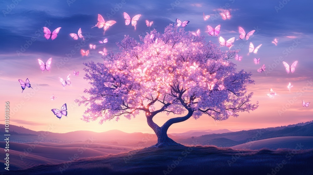 A serene landscape featuring a vibrant pink tree surrounded by delicate butterflies, embodying tranquility and beauty. A serene landscape featuring a vibrant pink tree surrounded by delicate butterflies, embodying tranquility and beauty.