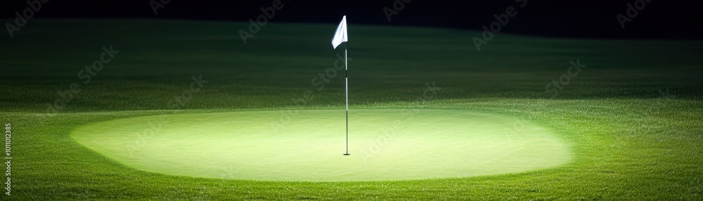 Obraz premium A serene night scene of a golf course hole, featuring a solitary flag illuminated by gentle light, evoking tranquility and focus.