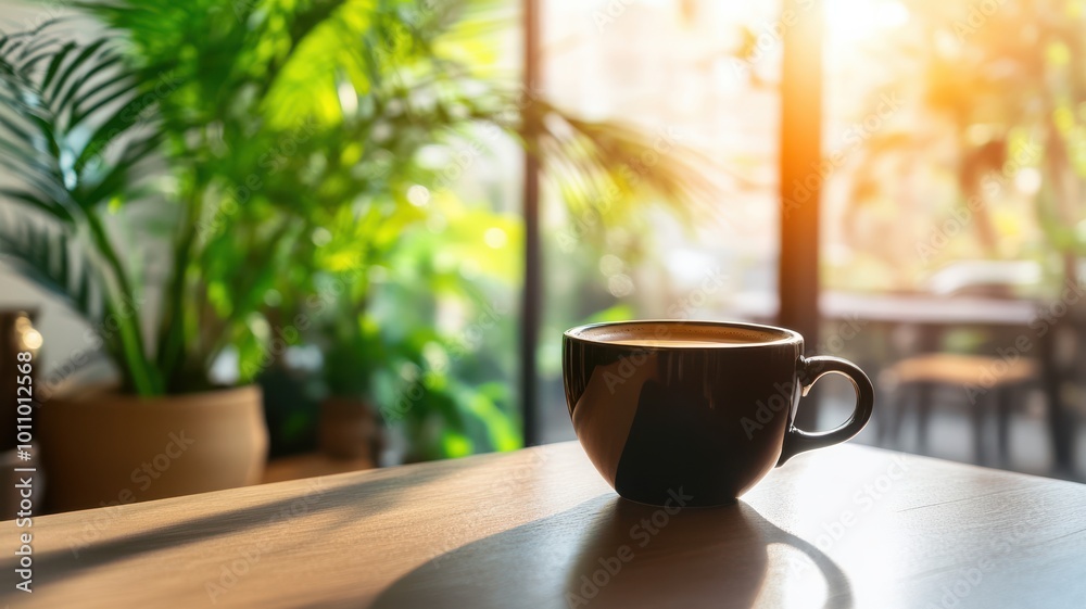 A serene scene featuring a coffee cup on a wooden table, surrounded by lush greenery and warm sunlight streaming in.