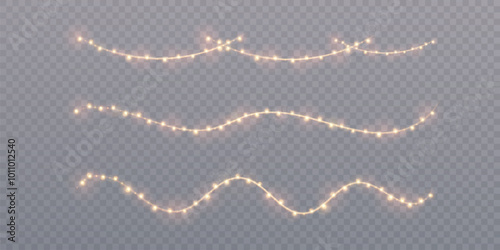 Christmas gold lights garland, bulbs on wire isolated on transparent background. For New Year and holiday decoration.