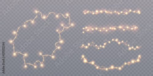 Christmas gold lights garland, bulbs on wire isolated on transparent background. For New Year and holiday decoration.