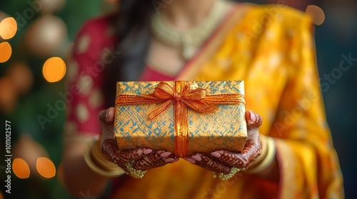 Close-Up of Festive Gift Exchange Between Two People During Cultural Celebration