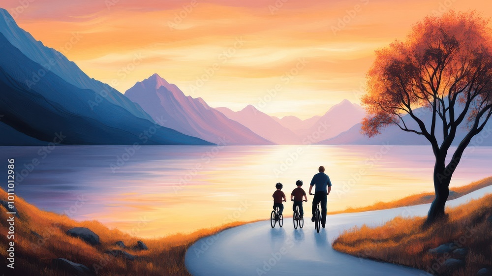 A serene sunset landscape with a father and two children cycling by a calm lake surrounded by mountains. A serene sunset landscape with a father and two children cycling by a calm lake surrounded by mountains.