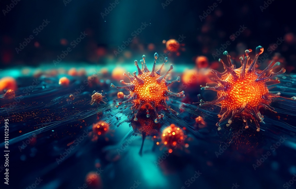 Two microscopic organisms with spikes, glowing orange, on dark blue background. Two microscopic organisms with spikes, glowing orange, on dark blue background.