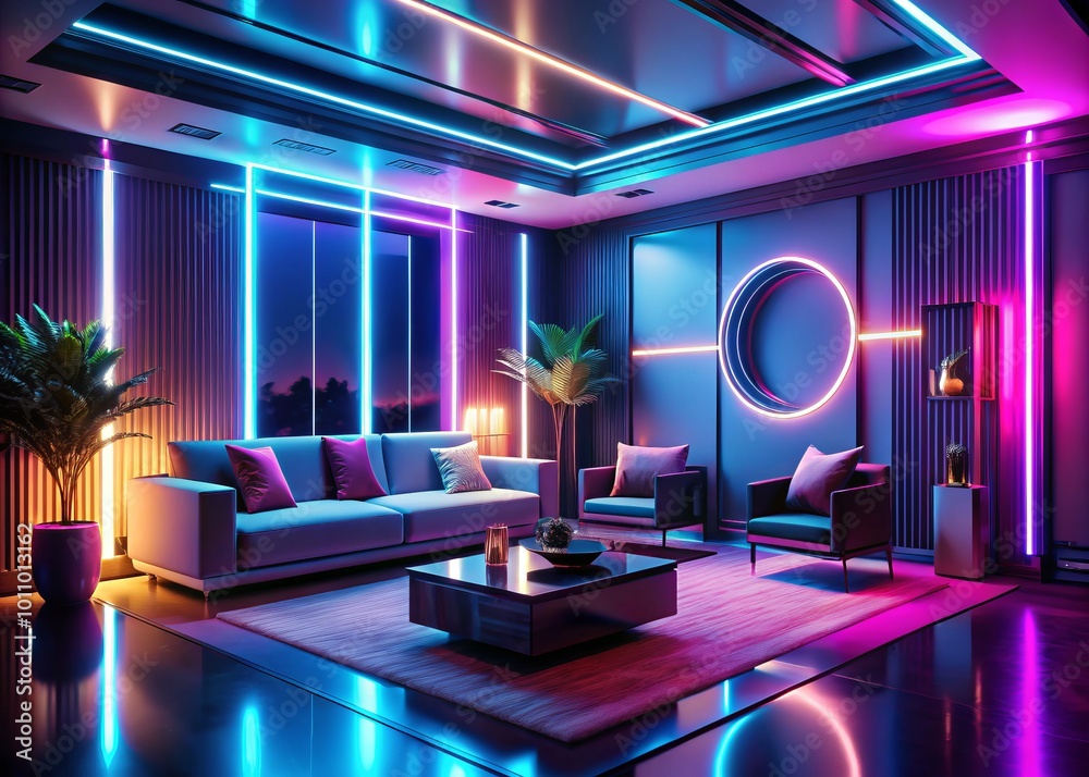Envision a modern room with futuristic decor, featuring vibrant neon lighting and abstract architectural elements, Envision a modern room with futuristic decor, featuring vibrant neon lighting and abstract architectural elements,