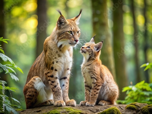 Eurasian lynx kitten plays with its mother in the forest, showcasing a beautiful bonding moment as she lovingly