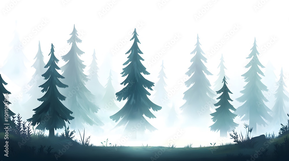 Fototapeta premium A serene, misty forest landscape with tall evergreen trees, creating a tranquil and mystical atmosphere.
