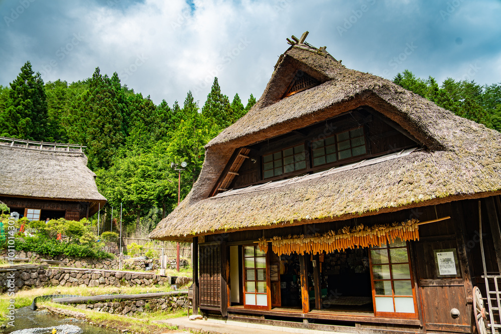 Saiko Iyashi no Sato Nenba, traditional village with Mount Fuji view, in Fujikawaguchiko, Saiko, Japan Saiko Iyashi no Sato Nenba, traditional village with Mount Fuji view, in Fujikawaguchiko, Saiko, Japan
