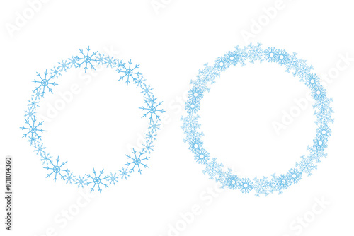 Flat vector illustration round blue frame with snowflakes. Frame of snowflakes, snow, flakes. Winter frames.