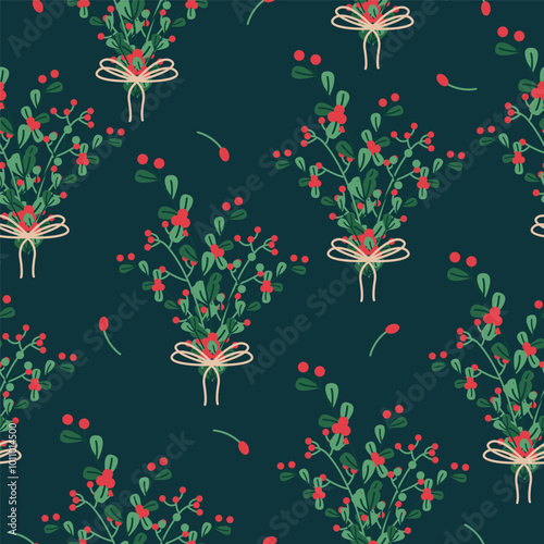 Flat vector illustration pattern with bouquets of plants and twigs. Seamless pattern on a dark background.Idea for wallpapers, banners, covers.