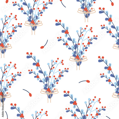 Flat vector illustration pattern with bouquets of plants and twigs. Seamless pattern on a light background. Idea for wallpapers, banners, covers.