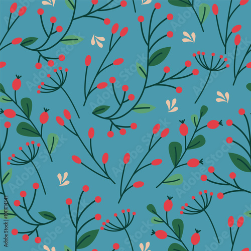 Flat vector illustration pattern with bouquets of plants and twigs. Seamless pattern on a light background. Idea for wallpapers, banners, covers.