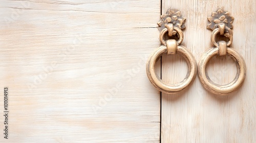 A pair of elegant vintage hoop earrings resting on a light wooden surface, showcasing a classic design and intricate detailing.