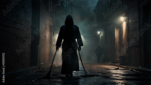 Grim Reaper Standing in a Dark, Smoky Alleyway Dimly Lit by Flickering Streetlights photo