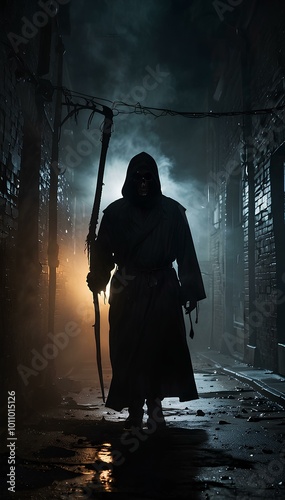 Grim Reaper Standing in a Dark, Smoky Alleyway Dimly Lit by Flickering Streetlights photo