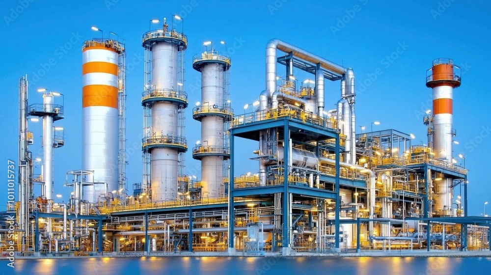 Industrial Complex with Pipes and Towers in Blue Sky Industrial Complex with Pipes and Towers in Blue Sky