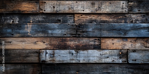 Close-up of a weathered wooden wall with a mix of dark brown, gray, and blue tones.