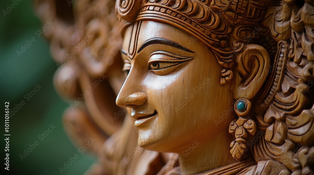 A close-up of a Krishna figure carved from wood by a tribal artisan, highlighting traditional craftsmanship A close-up of a Krishna figure carved from wood by a tribal artisan, highlighting traditional craftsmanship
