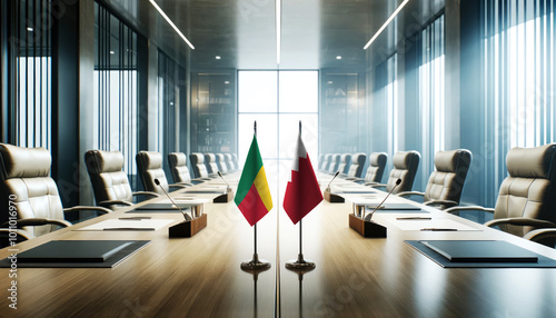 A modern conference room with Benin and Bahrain flags on a long table, symbolizing a bilateral meeting or diplomatic discussions between the two nations.