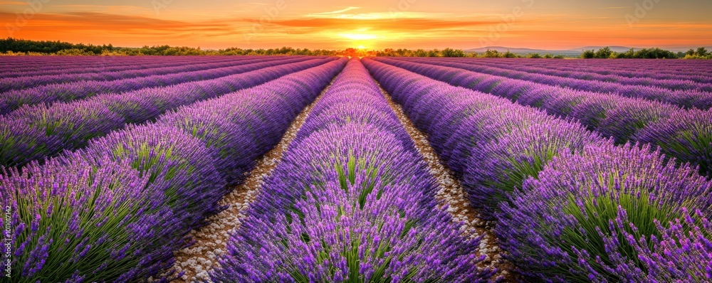Obraz premium A stunning lavender field at sunset, showcasing vibrant purple rows against a golden sky, perfect for nature and gardening themes.