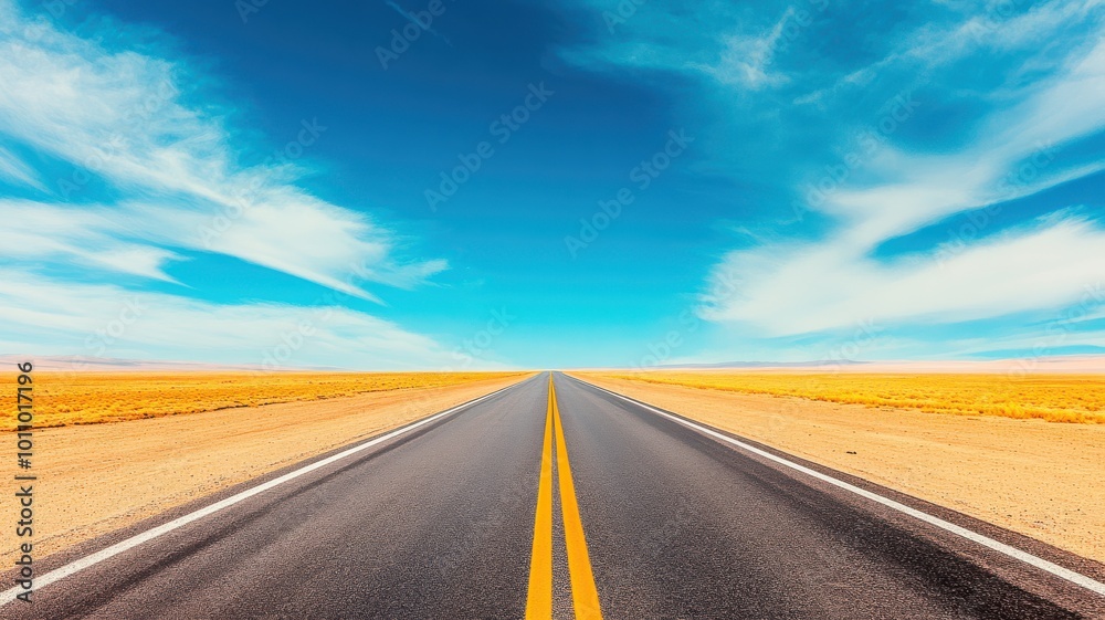 Naklejka premium A stunning open road stretching toward a vibrant blue sky, framed by golden fields under a bright sun, ideal for travel themes.