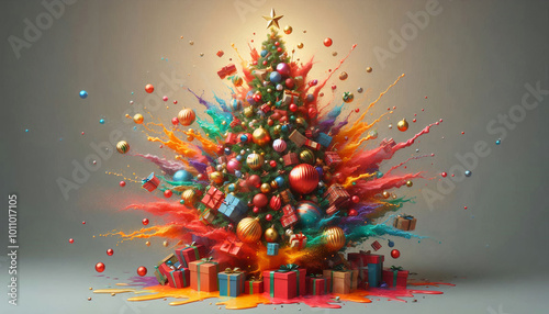 A Christmas tree bursting with colorful ornaments, surrounded by presents in a dynamic holiday explosion