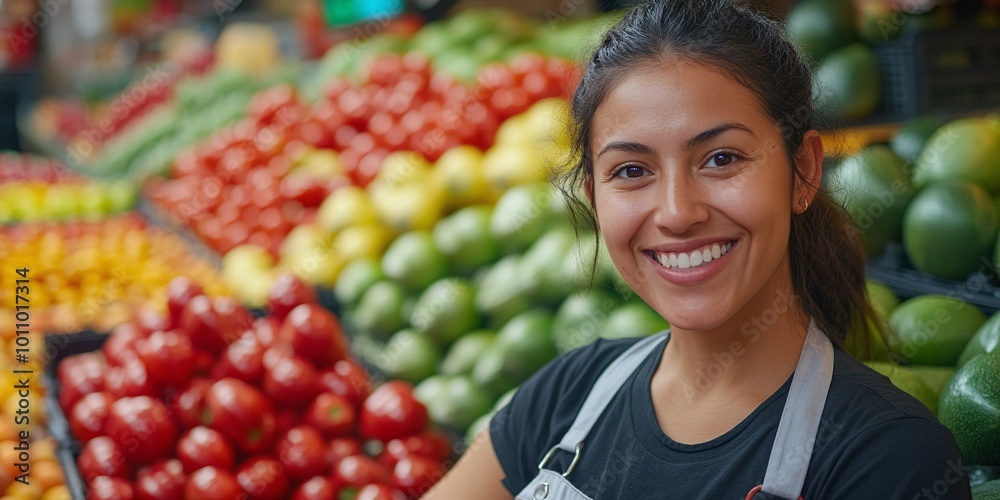 smiling supermarket worker in the fruit section, friendly female employee looking at the camera, representing customer service and fresh produce in a welcoming grocery store environment smiling supermarket worker in the fruit section, friendly female employee looking at the camera, representing customer service and fresh produce in a welcoming grocery store environment