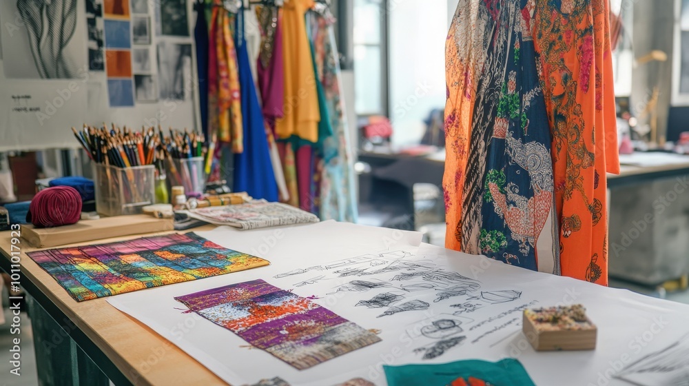 A fashion design studio where designers are creating Krishna-themed clothing, with sketches A fashion design studio where designers are creating Krishna-themed clothing, with sketches