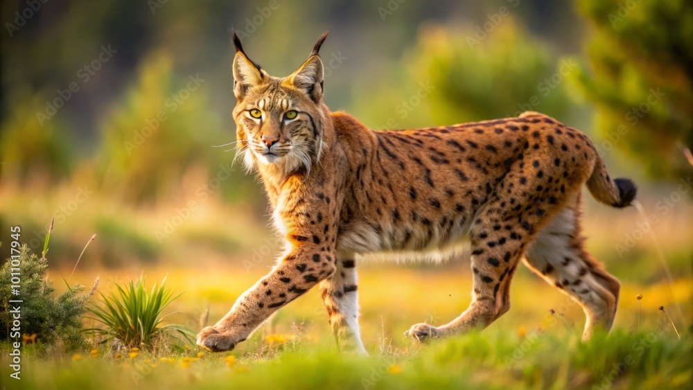 Iberian Lynx (Lynx pardinus) strolls through lush grass at Finca de Penalayo, Castilla, Spain, highlighting the Iberian Lynx (Lynx pardinus) strolls through lush grass at Finca de Penalayo, Castilla, Spain, highlighting the