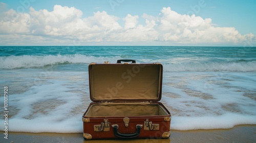 An open suitcase sits on a sandy beach with the ocean in the background.