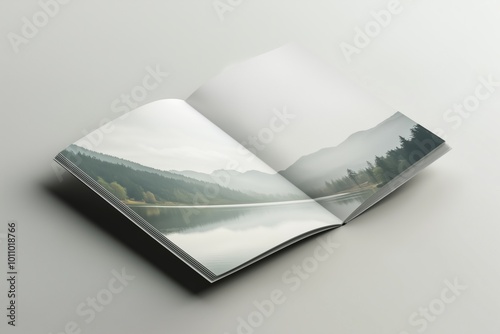 A photorealistic A4 landscape brochure mockup on light grey, showcasing hills, a lake, and trees. photo