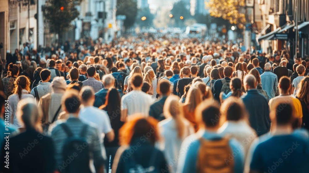 Diverse crowd of people walking together in a lively urban setting during golden hour. Diverse crowd of people walking together in a lively urban setting during golden hour.