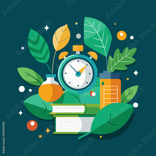 Flat vector design illustration of books, an alarm clock, and a microscope on a dark green background with flying leaves, in a minimalist style for a school concept. international day of education