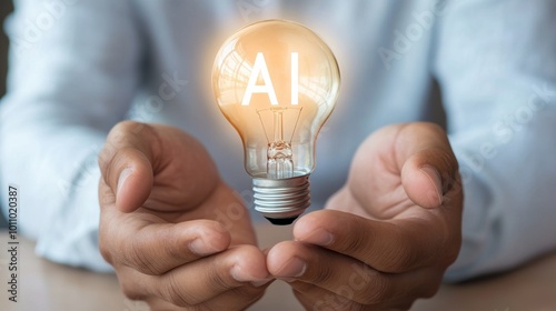 AI Innovation Concept with Hands Holding a Glowing Light Bulb Symbolizing Artificial Intelligence Ideas, AI