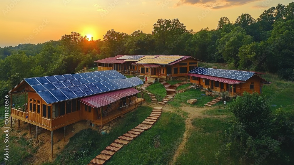 An eco-friendly Krishna retreat center focused on sustainability, with solar panels, composting toilets