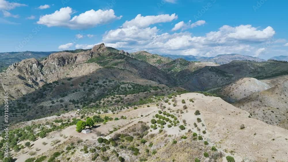 Mountains and Olive groves around Ghost Town from a drone, Pentedattilo Village, Calabria, Italy, Europe Mountains and Olive groves around Ghost Town from a drone, Pentedattilo Village, Calabria, Italy, Europe