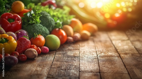 Fresh fruits and vegetables arranged in a colorful, balanced layout on a wooden table