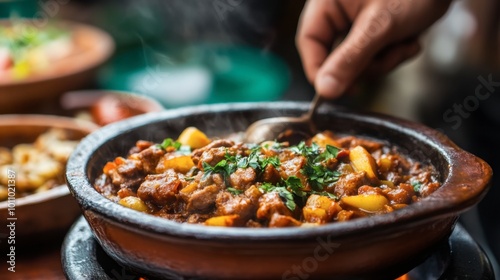 A close-up of a traditional Northern dish being served in a rustic bowl, highlighting its rich textures and flavors.