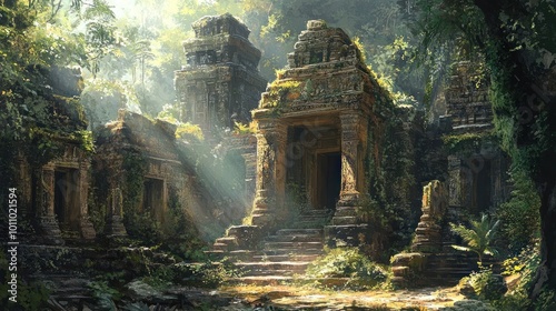 Fototapeta Naklejka Na Ścianę i Meble -  Ancient temple ruins overgrown with jungle foliage, bathed in sunlight.