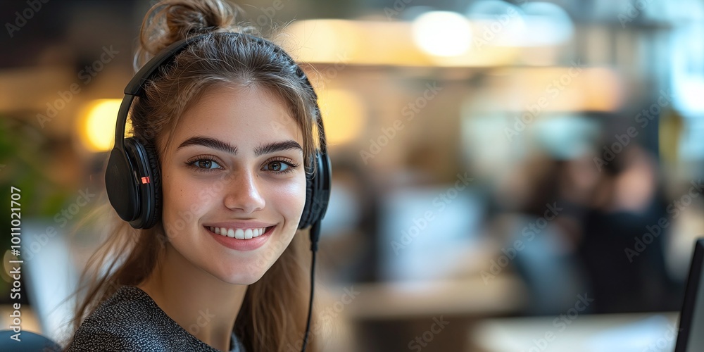 young woman in a call center, wearing a headset with mic, smiling and engaging in customer service and CRM, telemarketing and client support, providing help desk solutions with mockup space