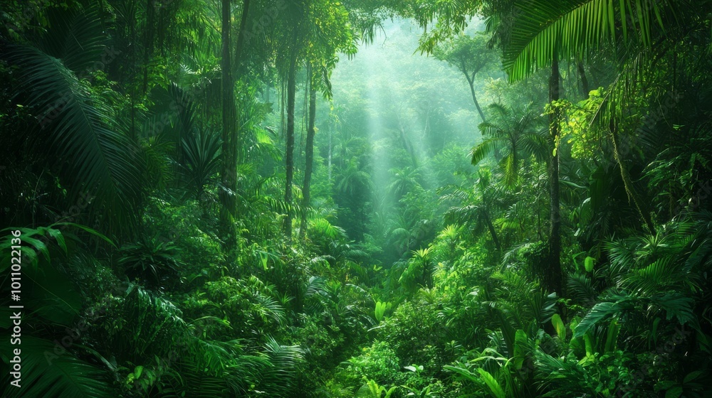 Obraz premium Green tropical forest background filtered in green, evoking nature and eco-friendly themes. 