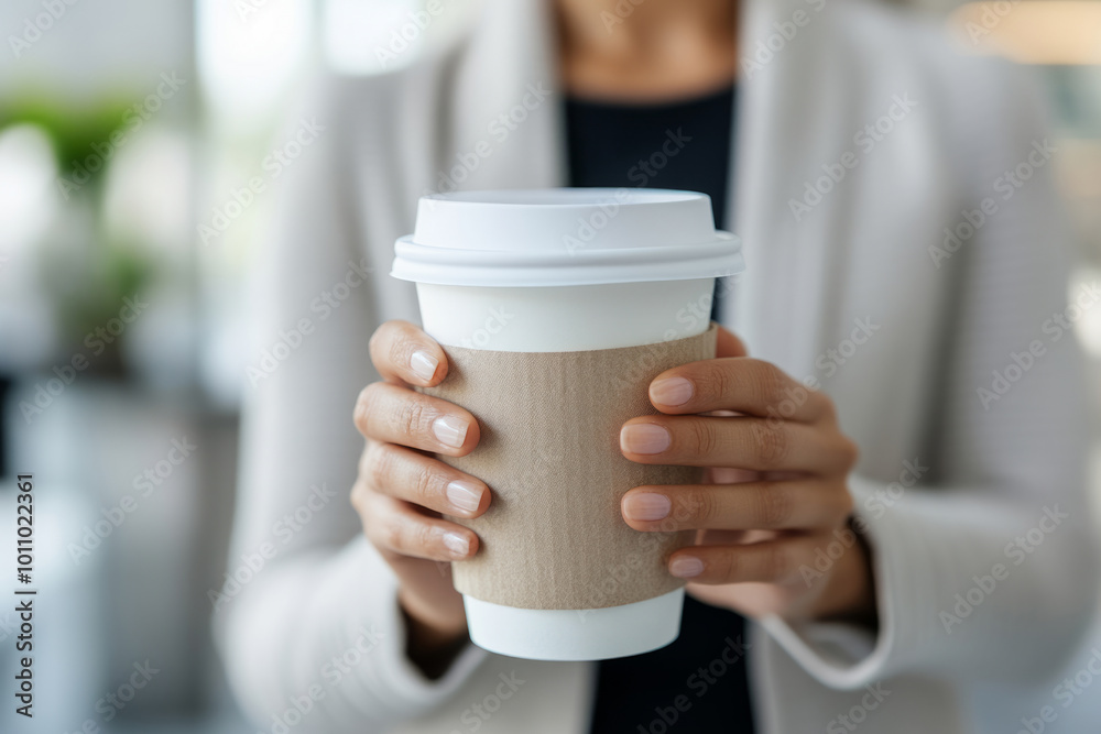 Hand holds a disposable coffee cup in a modern indoor environment Hand holds a disposable coffee cup in a modern indoor environment
